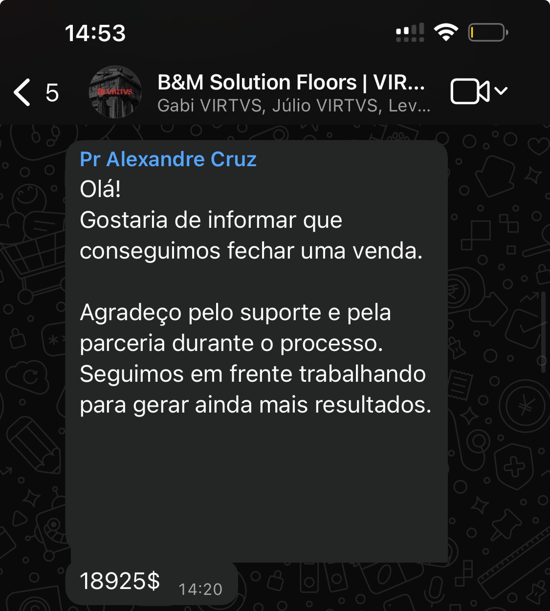 Cliente B&M Solution Floors: venda fechada de 18.925 USD, agradecendo a parceria